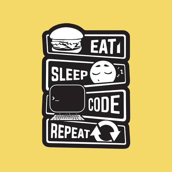 i am saying my hobbies in picture.the first layer is eat with burger,second layer is sleeping with a sleep emoji and third layer is code with a computer and last picture is repeat with arrow sign it all say about my hobbies